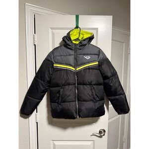 PONY Puffer Jacket Mens Size 18 Black Multi-Color Streetwear Hooded Insulated